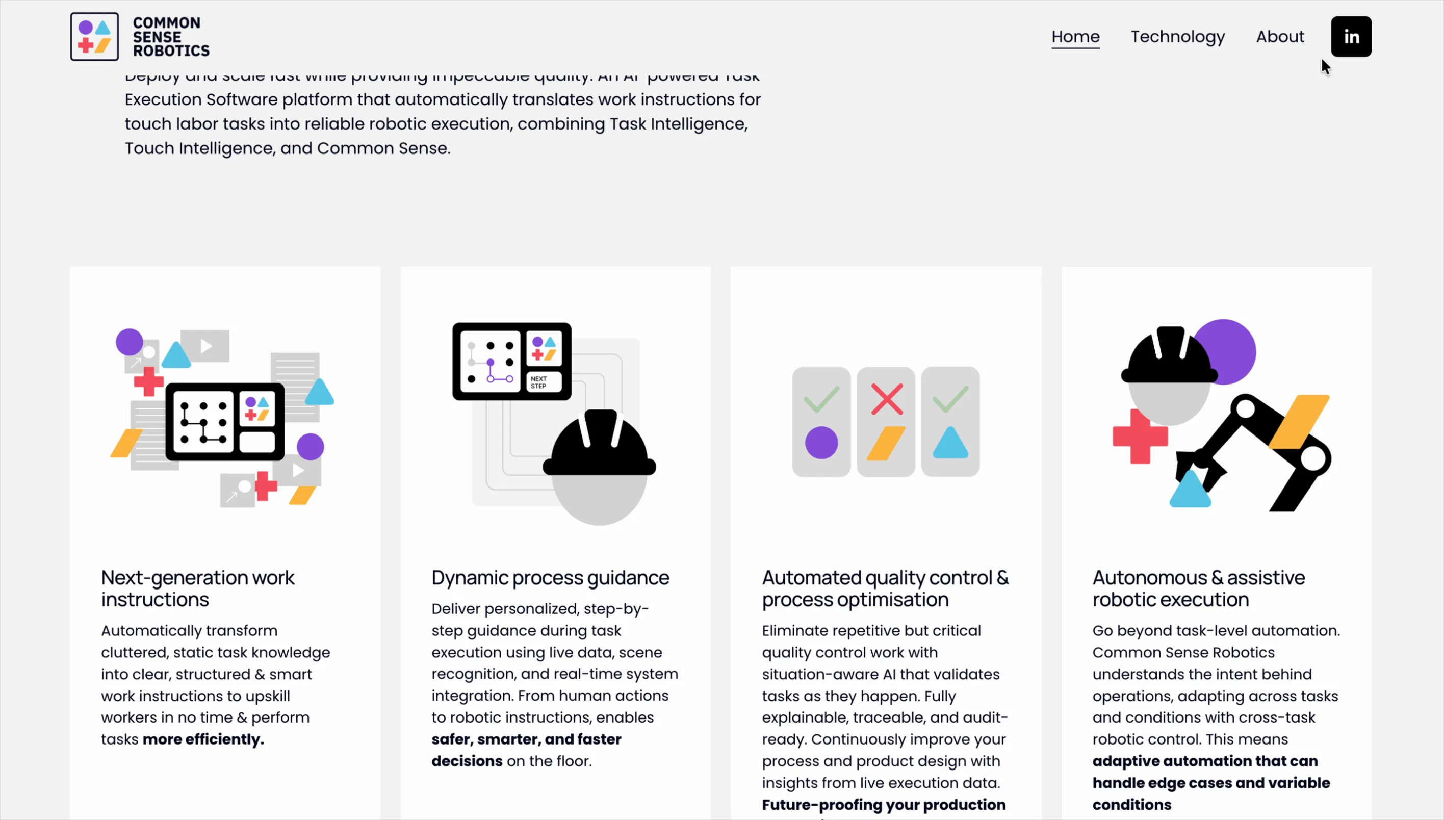 The four platform capabilities on the homepage, each with its own illustration: next-generation work instructions, dynamic process guidance, automated quality control, and autonomous robotic execution