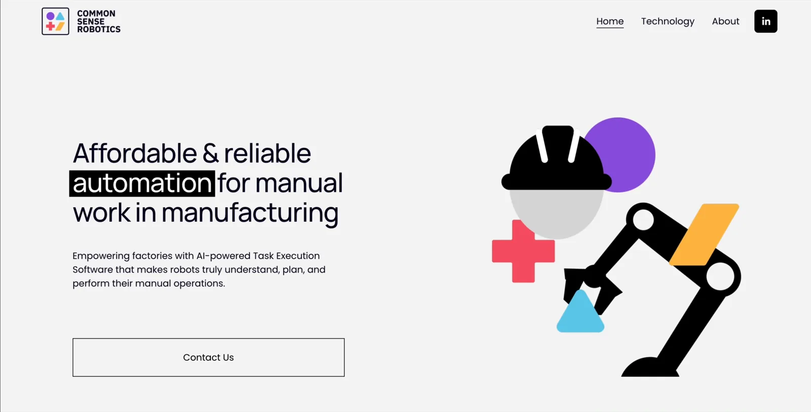 The Common Sense Robotics homepage, headlined Affordable & reliable automation for manual work in manufacturing, beside an illustrated robot arm