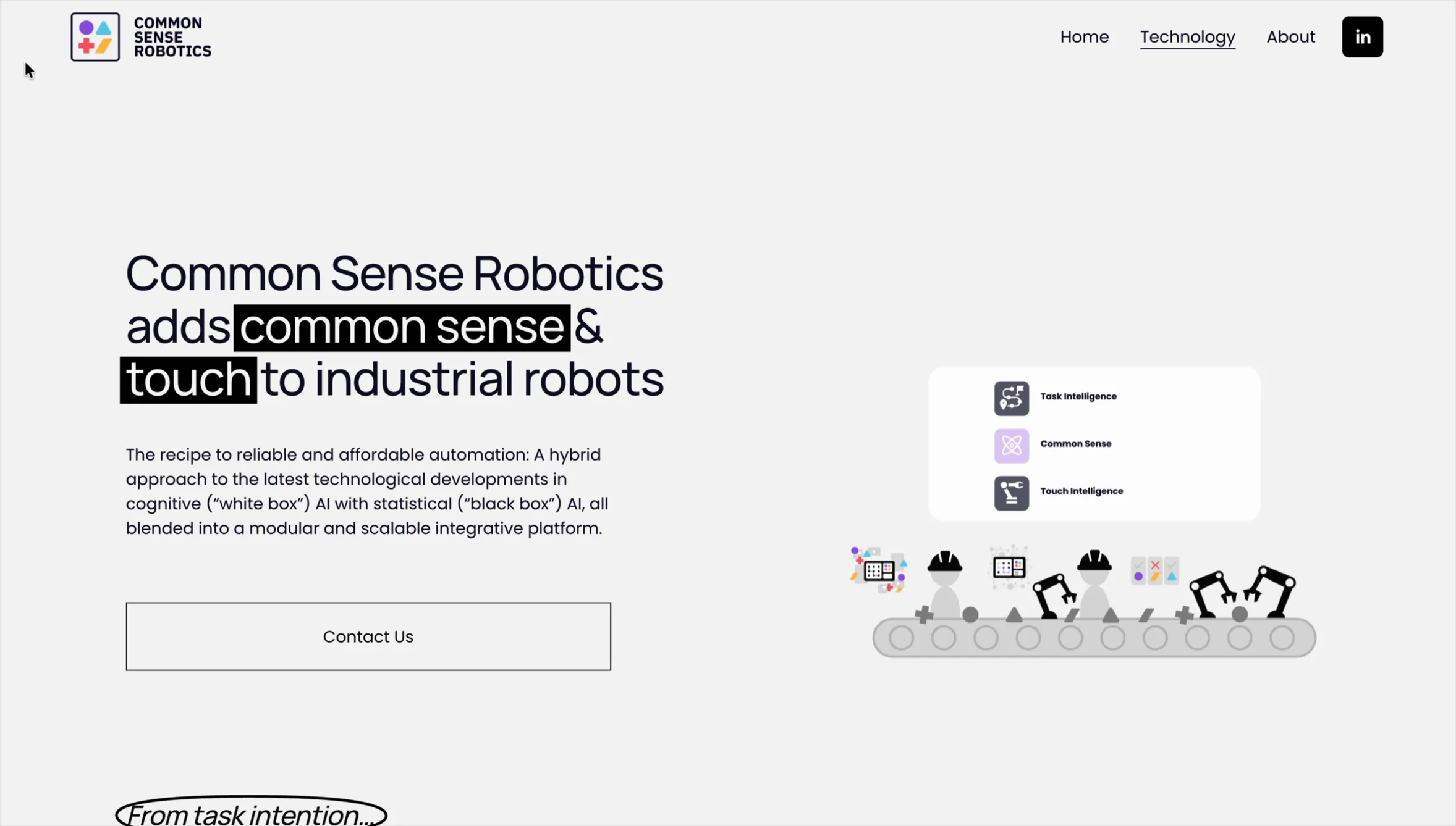 The technology page opening on the line Common Sense Robotics adds common sense and touch to industrial robots, beside an illustrated production line