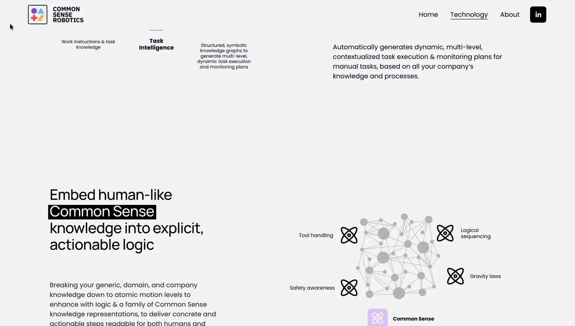 Two diagrams from the technology page: work instructions turned into task execution plans through Task Intelligence, and company knowledge broken down into a graph of atomic motions