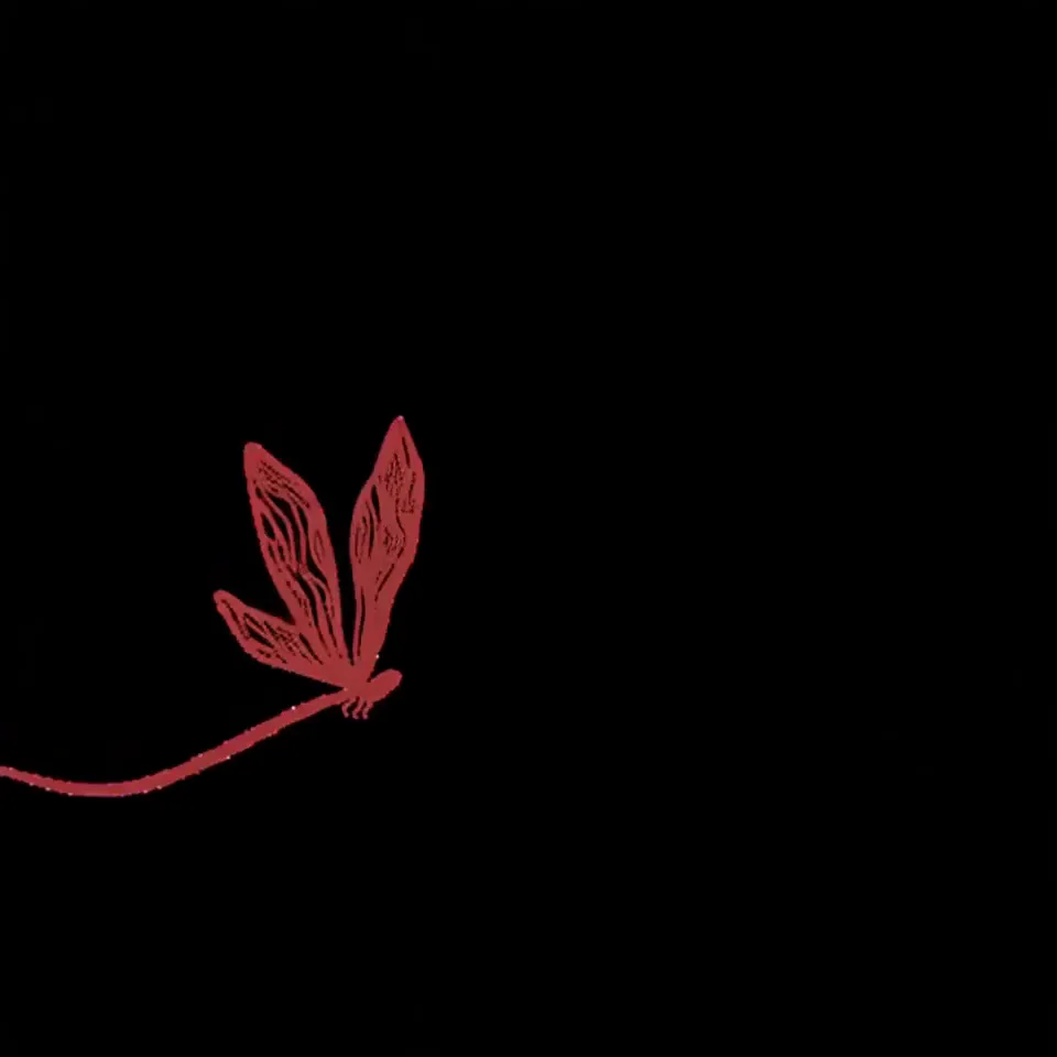 Hand-drawn red dragonfly illustration from the school's brand set, animating on a black field
