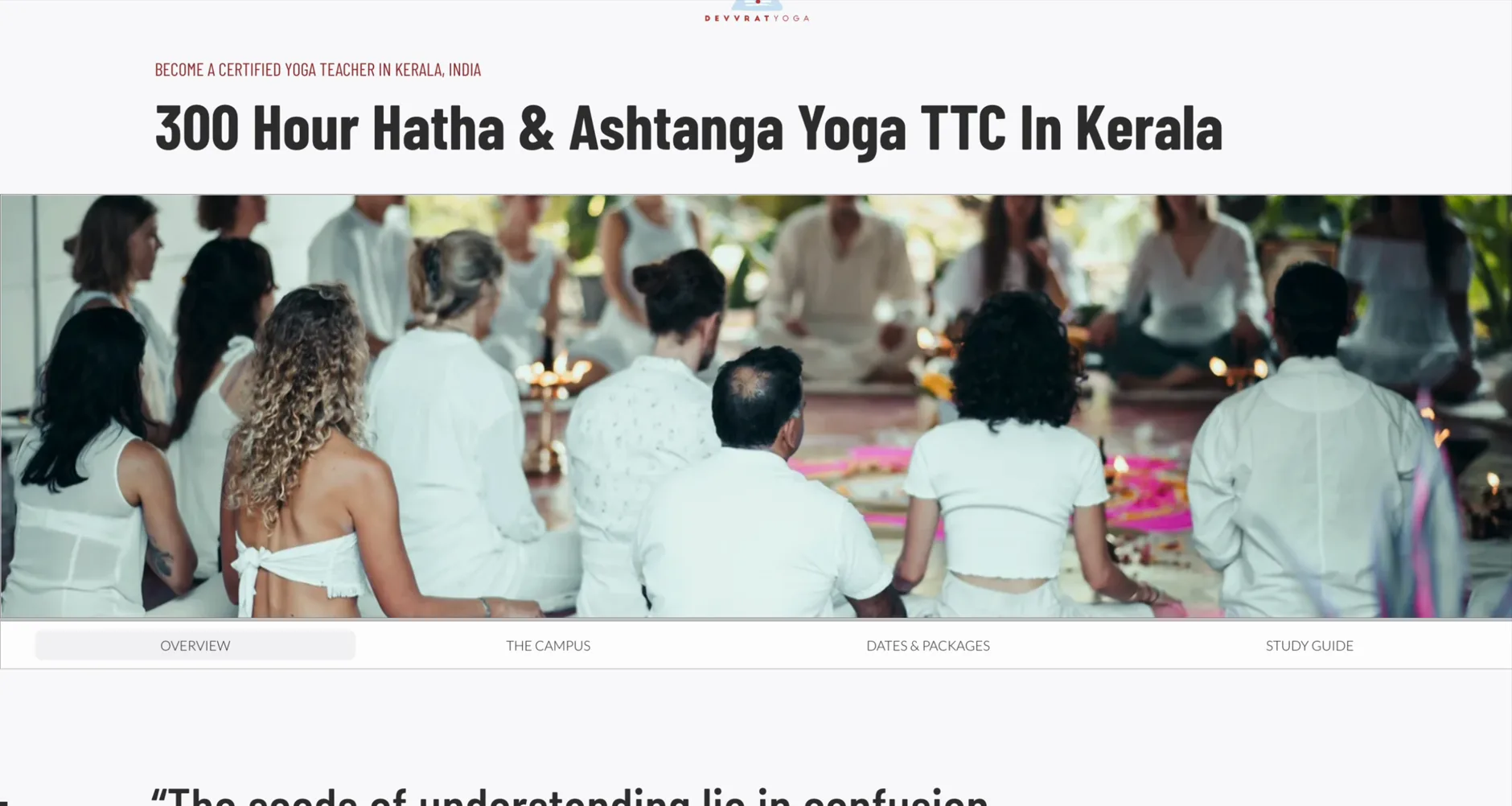Scrolling through a 200-hour teacher training programme page, from the overview to dates and packages