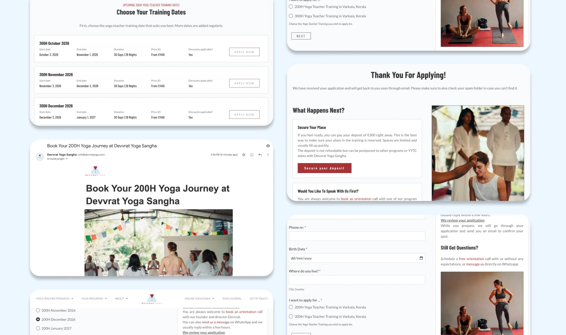 Screens from the multi-step application form and the handmade CRM behind it, including the training dates table and the confirmation page