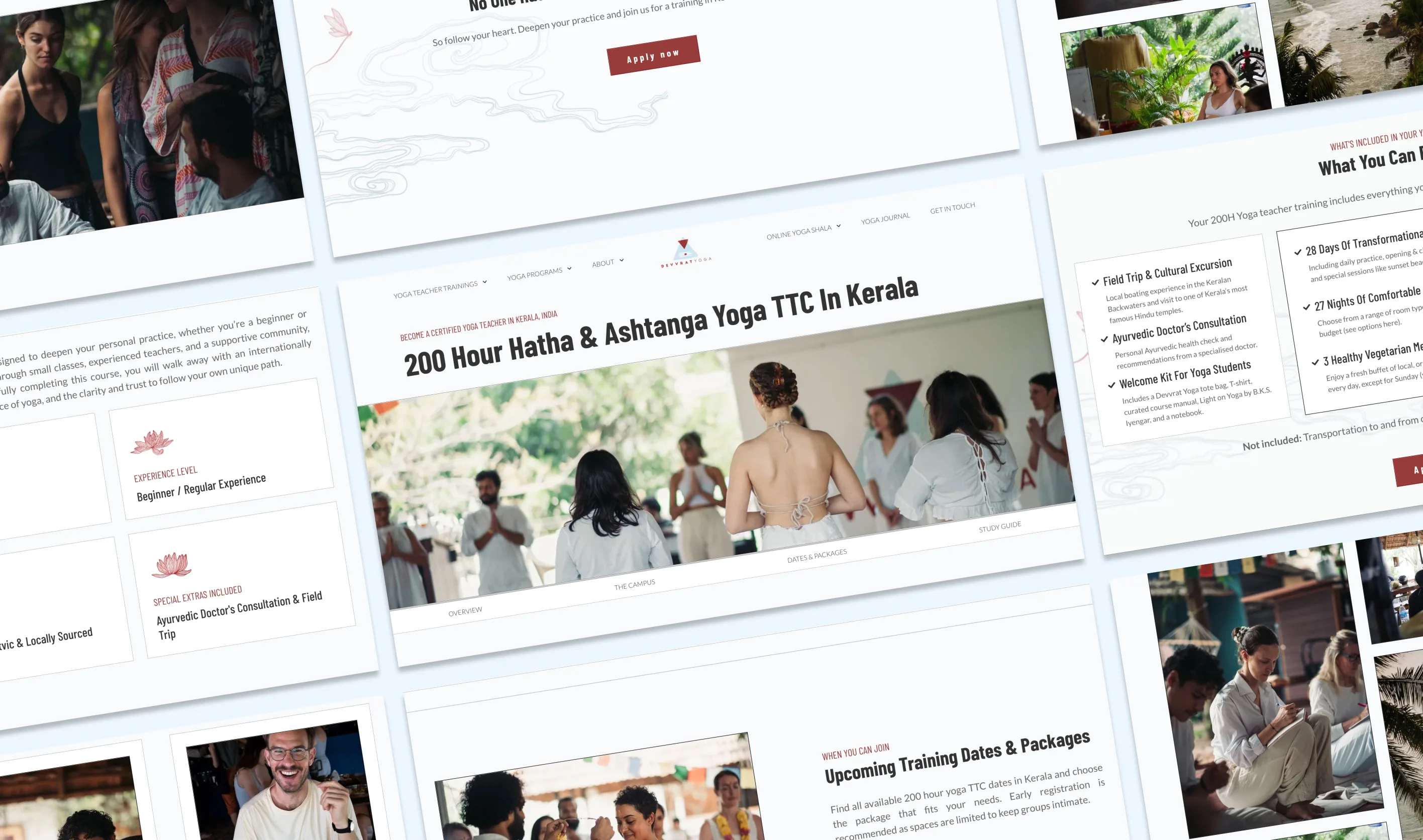 A grid of nine Devvrat Yoga Sangha pages, showing the programme, campus and pricing layouts across the rebuilt site