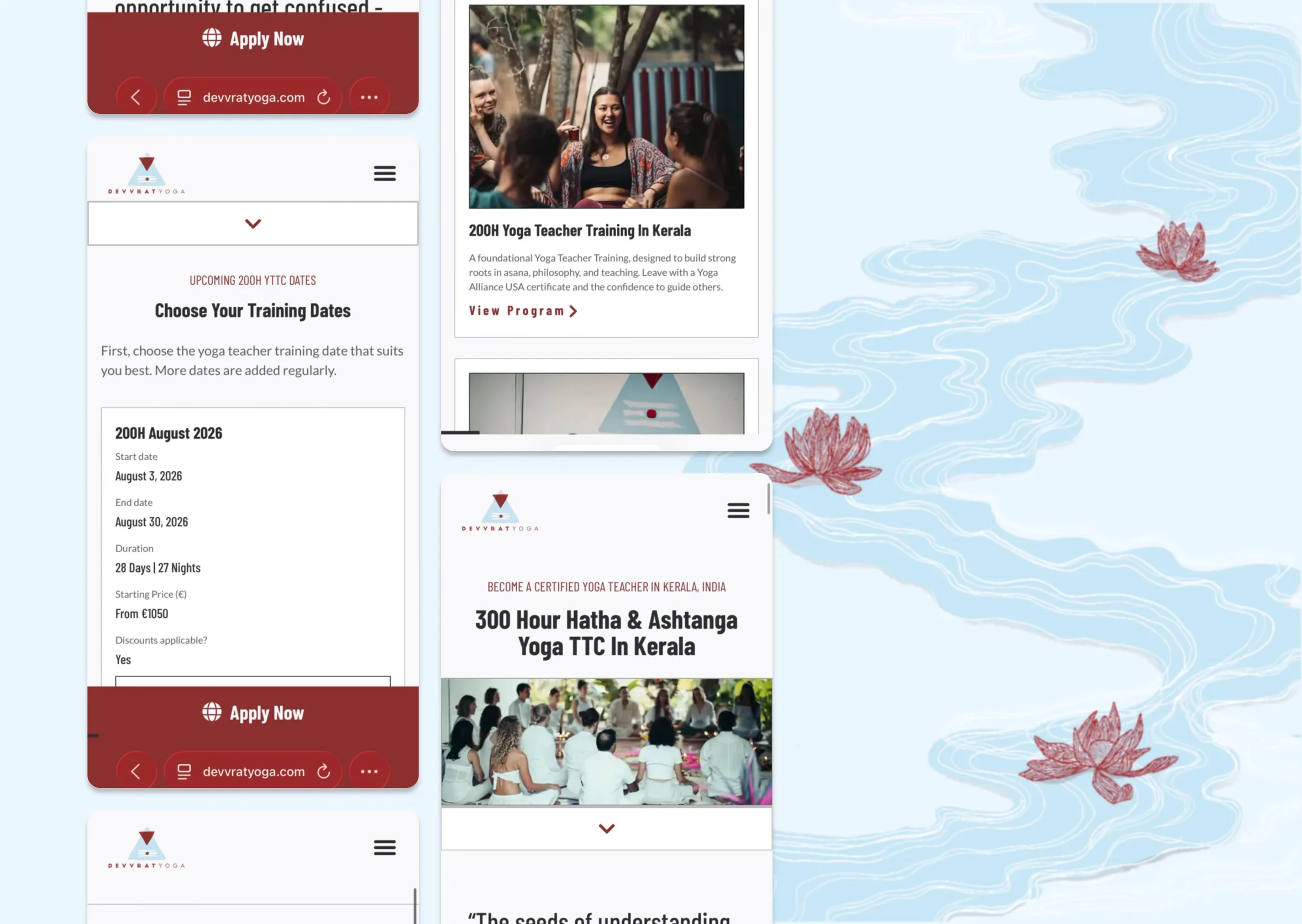 Devvrat Yoga Sangha pages scrolling on phones, showing the mobile-first programme and booking flows