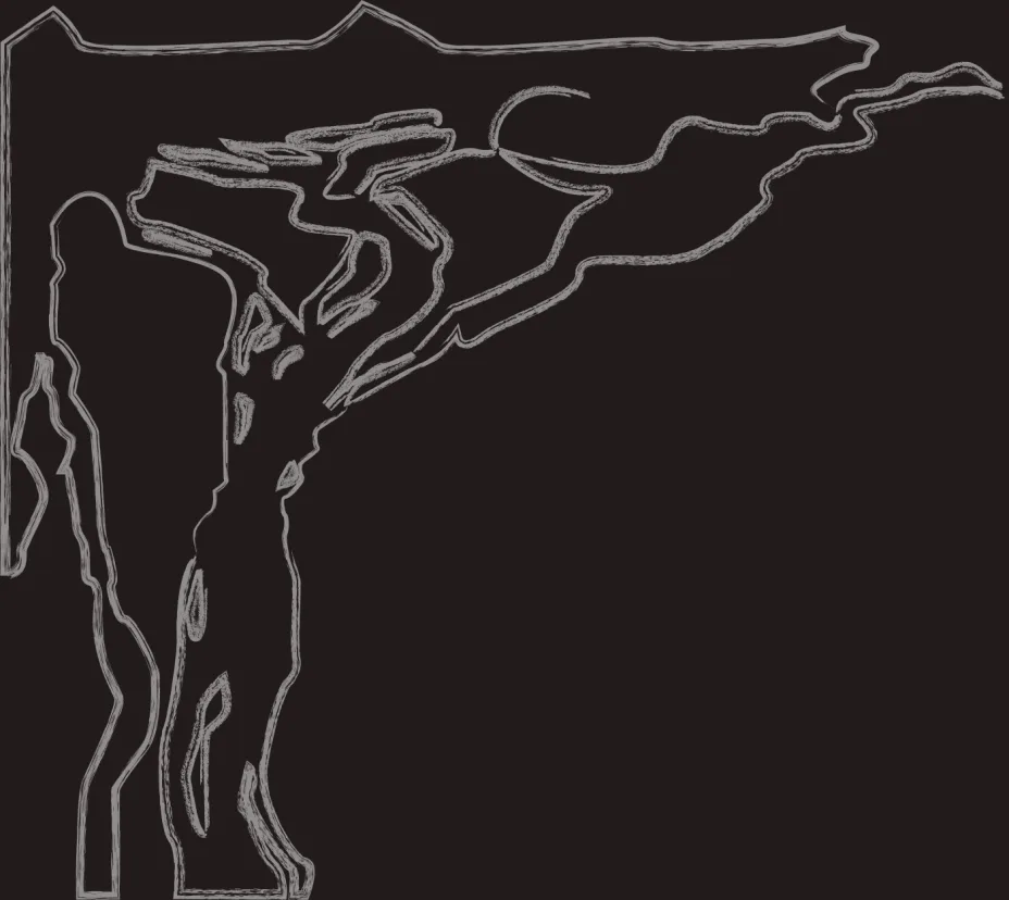 Hand-drawn line illustration of a tree from the school's brand set, in white on black