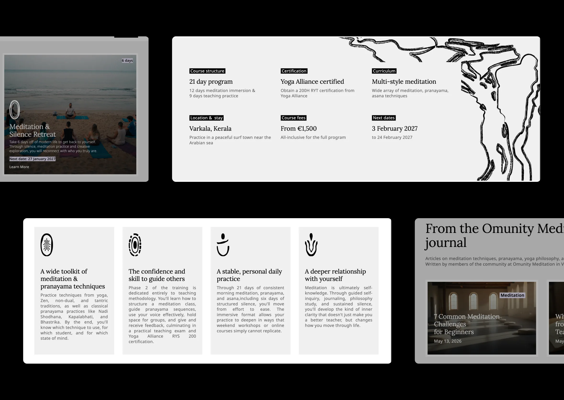 Four Omunity Meditation screens: a retreat card, the course facts panel carrying structure, fees and dates, the four benefits cards, and the journal index