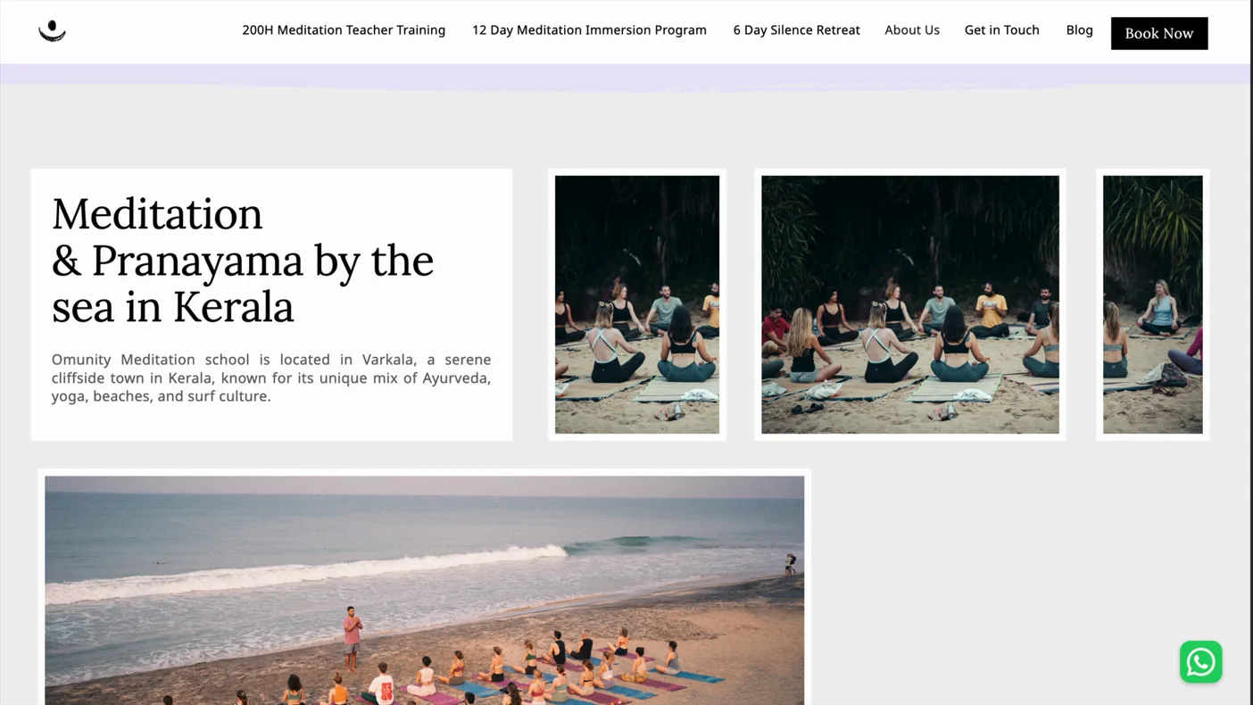 Scrolling from the reviews link into the Varkala location section, with photographs of the school and the beach beneath it