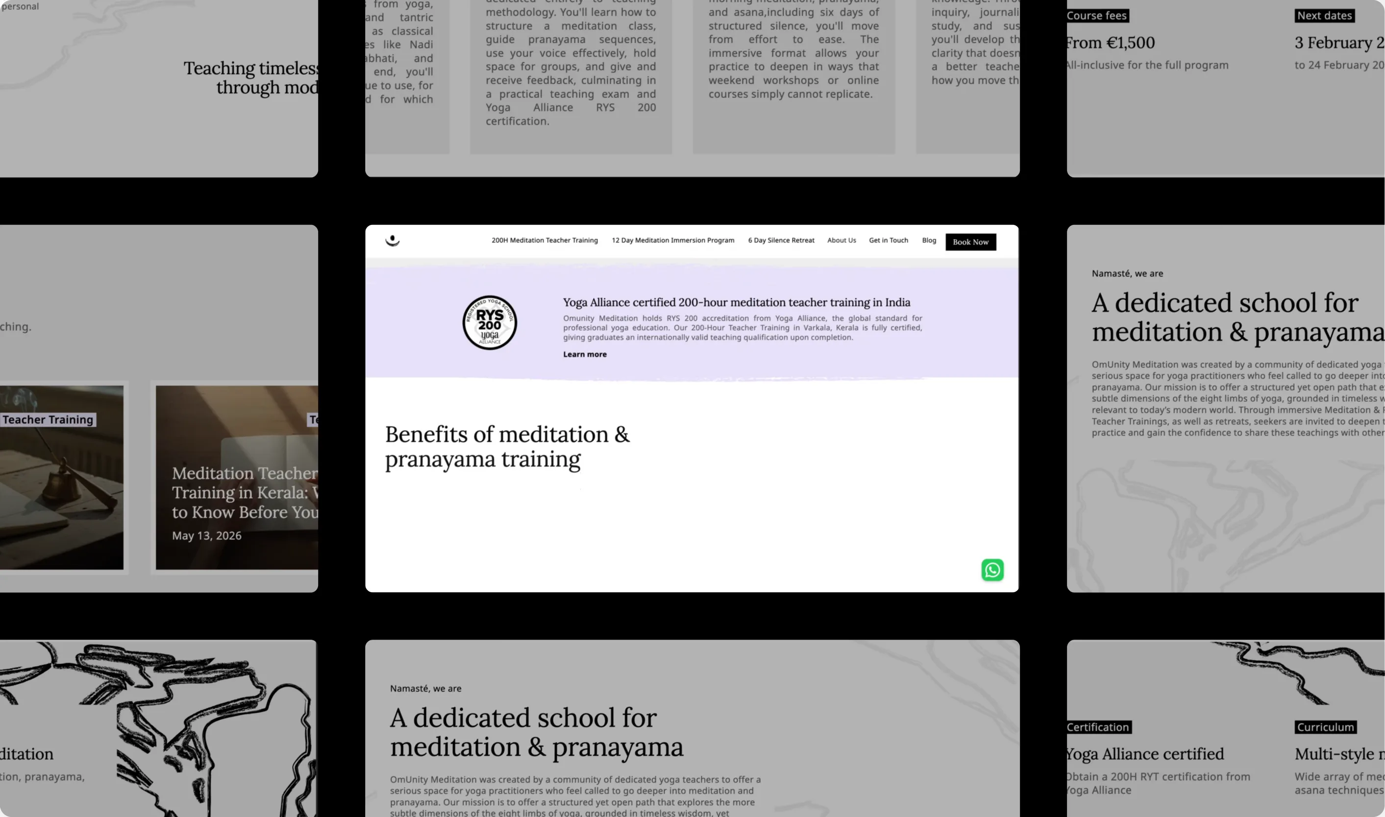 A grid of nine Omunity Meditation pages, showing the intro, benefits, certification and journal layouts across the site